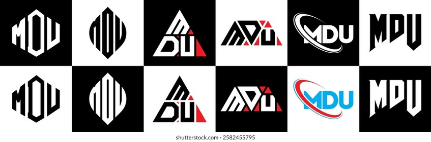 MDU letter logo design in six style. MDU polygon, circle, triangle, hexagon, flat and simple style with black and white color variation letter logo set in one artboard. MDU minimalist and classic logo