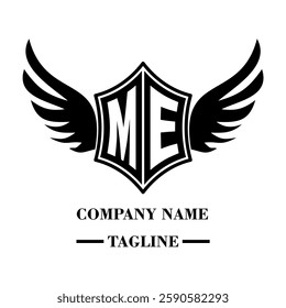 ME bold shield logo with wings, customizable with letters A to Z. Perfect for brands seeking a powerful symbol of strength, freedom, and ambition