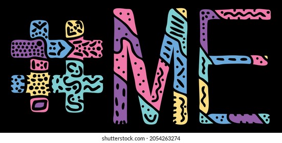 MICH Hashtag. Mehrfarbige, helle Isolate kuratieren doodle Buchstaben mit Ornament. Beliebt Hashtag #ME für Social Network, Web-Ressourcen, mobile Apps.