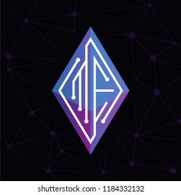 ME Initial letter block chain logo icon vector template. Looping mono line circuit letter on rhombus cube logo