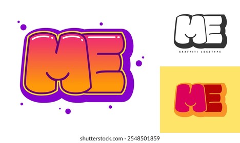 ME logo design for festival or party. Initial letter m and e in graffiti style. Creative modern lettering company name of font typography. Kids trendy logotype or identity. Vector illustration.