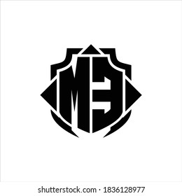 Monograma del logotipo ME con línea de protección y plantilla de diseño de 3 flechas sobre fondo blanco