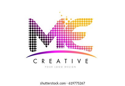 ME M E Dots Letter Logo Design with Magenta Bubble Circles and Swoosh