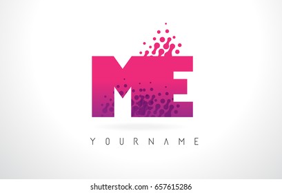 ME M E Letter Logo with Pink Letters and Purple Color Particles Dots Design.