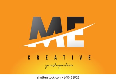 ME M E Letter Modern Logo Design with Swoosh Cutting the Middle Letters and Yellow Background.