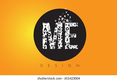 ME M E Logo Design Made of Small Letters with Black Circle and Yellow Background.