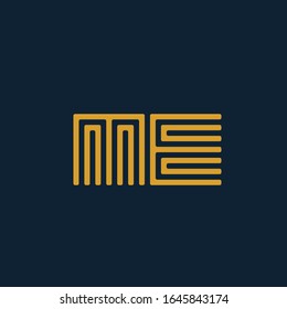 ME monogram logo.Geometric design style typographic icon.Lettering sign.Alphabet initials isolated on dark background.Linear corporate letter m and letter e.Yellow color modern characters shape.