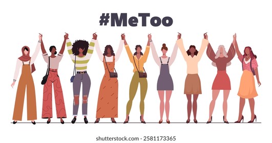 The Me Too Movement. Diverse multiracial and multicultural of young women stand side by side together and holding hands. Struggle for freedom, independence, equality. Vector Not AI generated