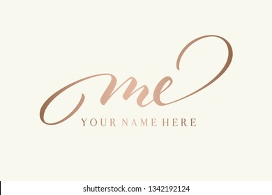 ME signature monogram.Calligraphic lettering icon in rose gold metallic color isolated on light background.Typographic logo with script letter m and letter e.Handwritten wedding initials. 