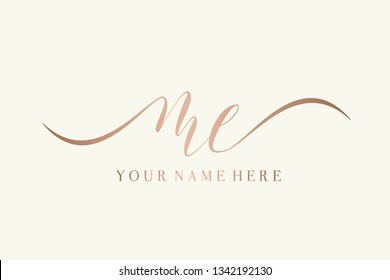 ME Signature Style Monogram.Calligraphic Lettering Icon In Rose Gold Metallic Color Isolated On Light Background.Typographic Logo With Script Letter M And Letter E.Handwritten Wedding Initials. 