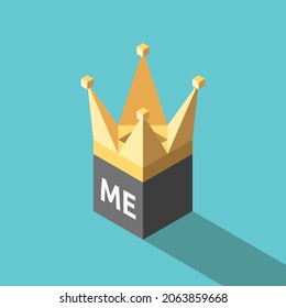 Me text and isometric crown. Selfishness, narcissism, vanity, arrogance, egoism, inflated self-esteem and ambition concept. Flat design. EPS 8 vector illustration, no transparency, no gradients