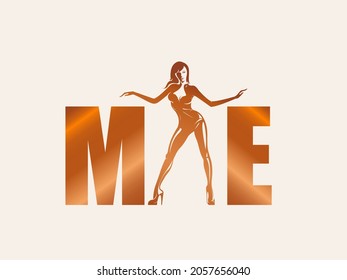 ME text and woman silhouette logo. Shiny bold color. Female character and alphabet initials monogram. Strong, motivational, women's rights illustration. Modern lifestyle icon isolated on light fund.