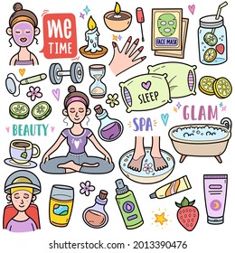 Me time abstract concept related to health and body care , colorful graphics elements and illustrations. Vector art such as spa, yoga, gym, beauty salon, cosmetic are included in this doodle set.