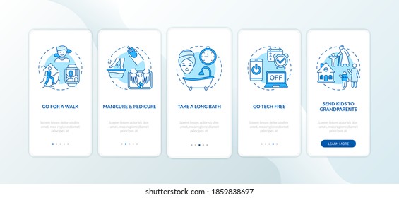 Me time ideas onboarding mobile app page screen with concepts. Go for long walk. Take relaxing bath walkthrough 5 steps graphic instructions. UI vector template with RGB color illustrations