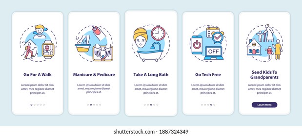 Me time ideas onboarding mobile app page screen with concepts. Go for a walk. Take long bath walkthrough 5 steps graphic instructions. UI vector template with RGB color illustrations