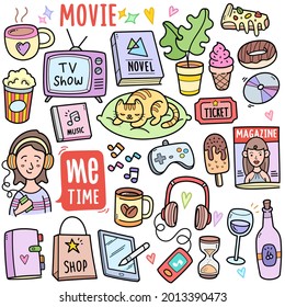 Me time related to entertainment, colorful graphics elements and illustrations. Objects vector art such as movie, magazine, music, shopping, novel, pet are included in this doodle cartoon set.