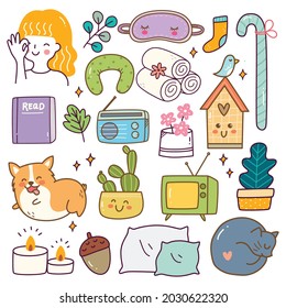 Me Time Related Object Kawaii Doodle Set