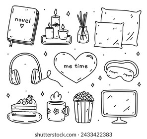 Me time set - watching a movie, popcorn, tea and cake. Relaxation items - aroma candles, essential oil, sleep mask, pillow, book. Self care, slow life concept. Hand-drawn illustration in doodle style.