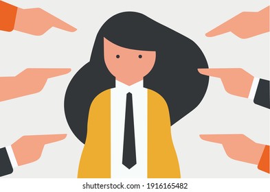 me too. everything is against me.  poke your fingers.
Sad woman surrounded by hands fingers pointing to her. Publicly condemn, society pressure. Flat vector cartoon illustration concept.