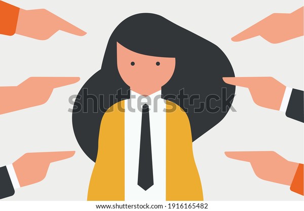 me too. everything is against me.  poke your\
fingers.\
Sad woman surrounded by hands fingers pointing to her.\
Publicly condemn, society pressure. Flat vector cartoon\
illustration concept.