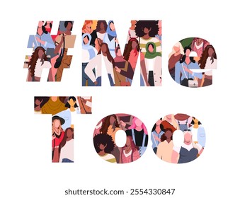 Me Too. A group of young  multiracial and multicultural of women forming word Me Too. Women vindicating their rights. Vector illustration. Not AI generated
