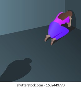 Me too vector illustration. A crying woman or a girl sitting on the floor and the shadow of a man.