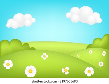 Meadow 3d vector illustration. Bright landscape of green valley kids background. Colorful cute scenery with  spring green grassland, trees, flowers, blue sky, clouds for children's sites.