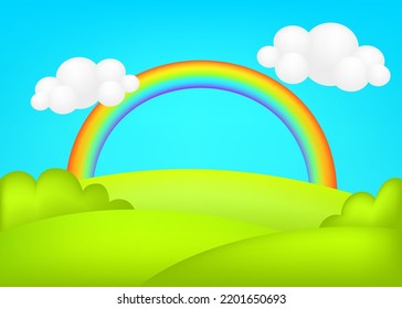 Meadow 3d vector illustration. Fantastic landscape with rainbow on green valley kids background. Colorful cute scenery with rainbow, spring green grassland, blue sky
 for children's sites or printing.