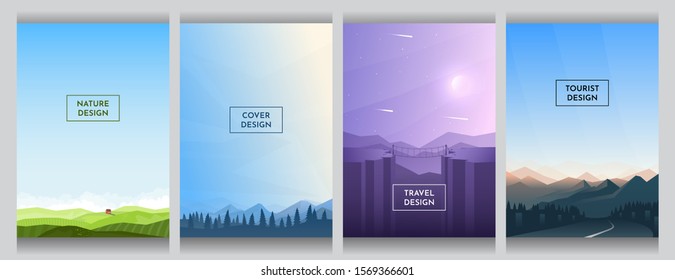 Meadow with alone house, blue alps near trees, violet canyon and hills, mountain and road. Flat abstract background. Cover design. Template layout. Blue sky wallpaper. Gradient minimalist posters