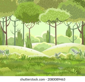 Meadow. Amusing beautiful forest landscape. Cartoon style. Grass hills. glade. Cool romantic pretty. Flat design illustration. Vector art.