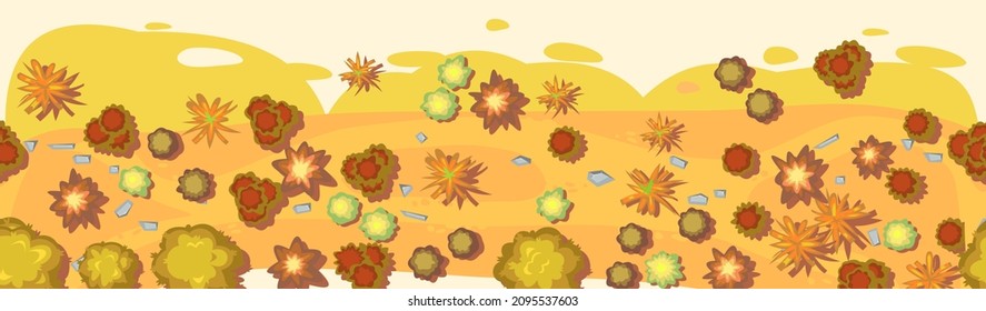 Meadow Autumn landscape top view. Scene with yellow and orange trees and bushes from height. Above countryside. Cartoon style illustration. Seamless pattern Vector.