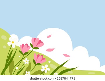 Meadow background with blooming spring flowers in vector, flat style.