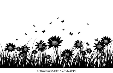 Meadow background with butterflies. All objects are separated. Vector illustration with transparency. Eps 10.