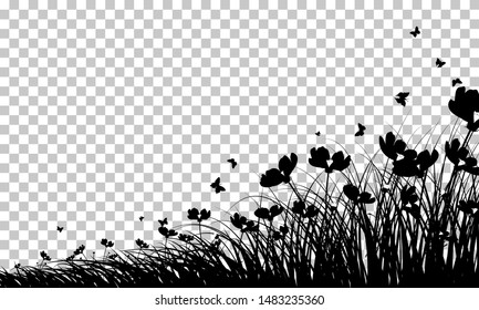 Meadow Background With Butterflies. Transparency Grid Design. Vector Illustration.