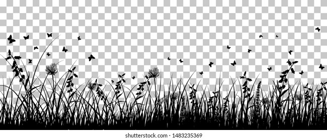 Meadow Background With Butterflies. Transparency Grid Design. Vector Illustration.