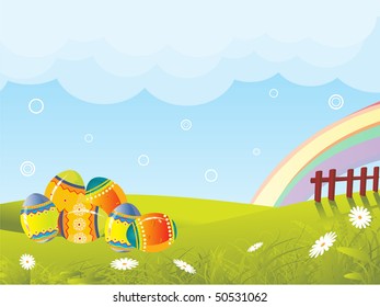 fondo de pradera con huevo decorado, arco iris