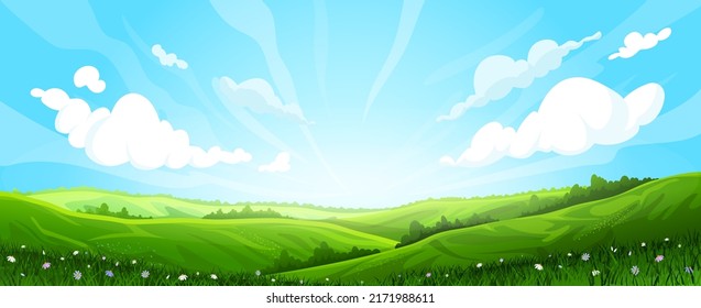 Wiesenhintergrund, Vektorgrafik. Grüngras, Feldhügel, Frühlingshimmel, Sommerlandschaft, Cartoon Land, Landschaft, Landschaftshintergrund, Landschaftshintergrund