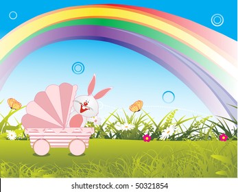 meadow background with rainbow and bunny in trolly