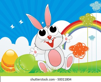 meadow background with smile rabbit, colorful egg, rainbow illustration