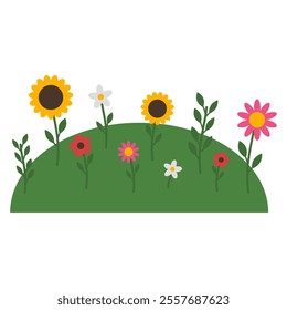 Meadow with Beautiful Flowers Vector. Sunflower Illustration. Green Field with Blooming Flowers.