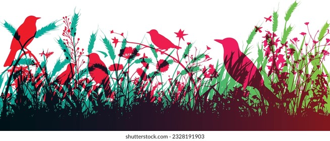 Meadow with birds, flowers, cereals and wild herbs. Colorful vector isolated silhouette of summer field.  Horizontal border.