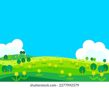 meadow with blooming dandelions illustration, vector