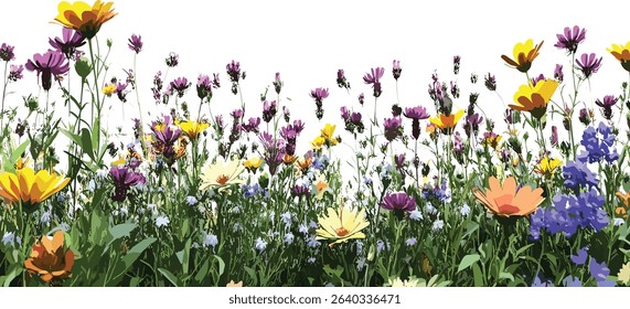 Meadow blooms, vector gardening, vibrant flowers, spring landscape, floral garden, nature blooms, wildflowers, outdoor garden, fresh plants, botanical art