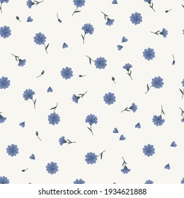 Meadow blue flax wildflower seamless vector pattern. Boho botanical floral background. Delicate field flower and petals herbarium illustration.