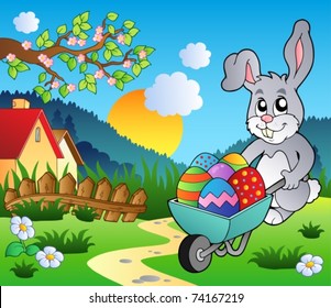 Meadow with bunny and wheelbarrow - vector illustration.