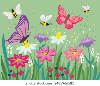 Meadow with butterflies and bees pollinating flowers. Vector illustration. Pollinators at work. Nature, ecosystem concept