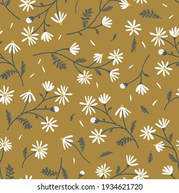 Meadow camomile seamless vector pattern. Boho botanical floral daisy background. Delicate field flower and petals herbarium illustration.