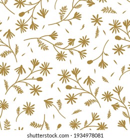 Meadow camomile silhouette seamless vector pattern. Boho botanical floral daisy background. Delicate field flower and petals herbarium illustration.