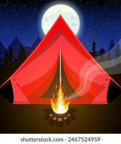 Wiese mit Campingplatz in der Nacht. Zelt, Lagerfeuer, Berge, Bäume, Himmel, Mond und Sterne. Vektorillustration im flachen Stil