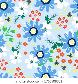 Meadow chamomile flowers on a blue background. Floral pattern with flowers vector for textile, fabric, backdrop, Wallpaper, wrapping paper.